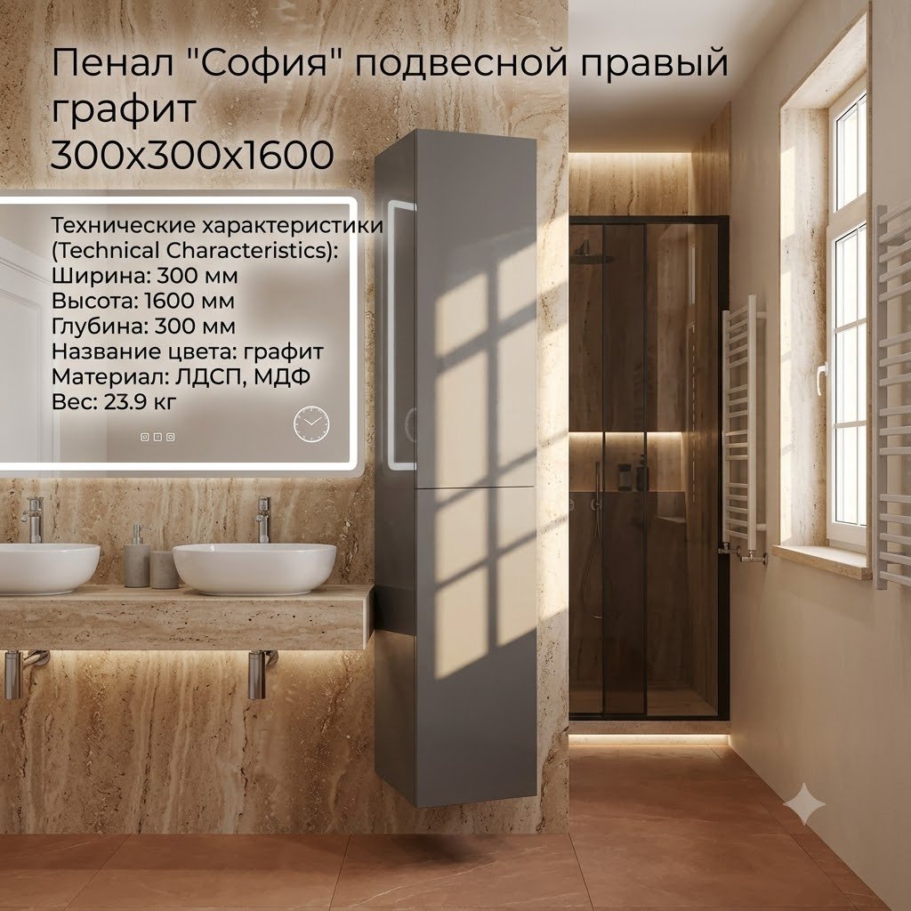 Шкаф-пенал навесной KABINKA.KZ VSOF300G-PENR, 30x30x160 см, графит купить,NaN