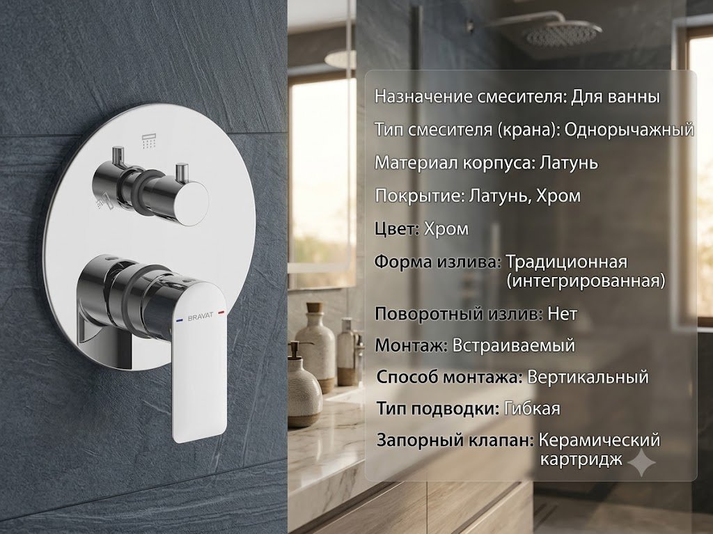 Смеситель BRAVAT PB8421454CP-2-ENG, латунь, цвет хром купить,NaN