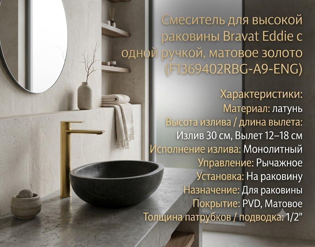 Смеситель BRAVAT F1369402RBG-A9-ENG, латунь, цвет золотистый купить,114170
