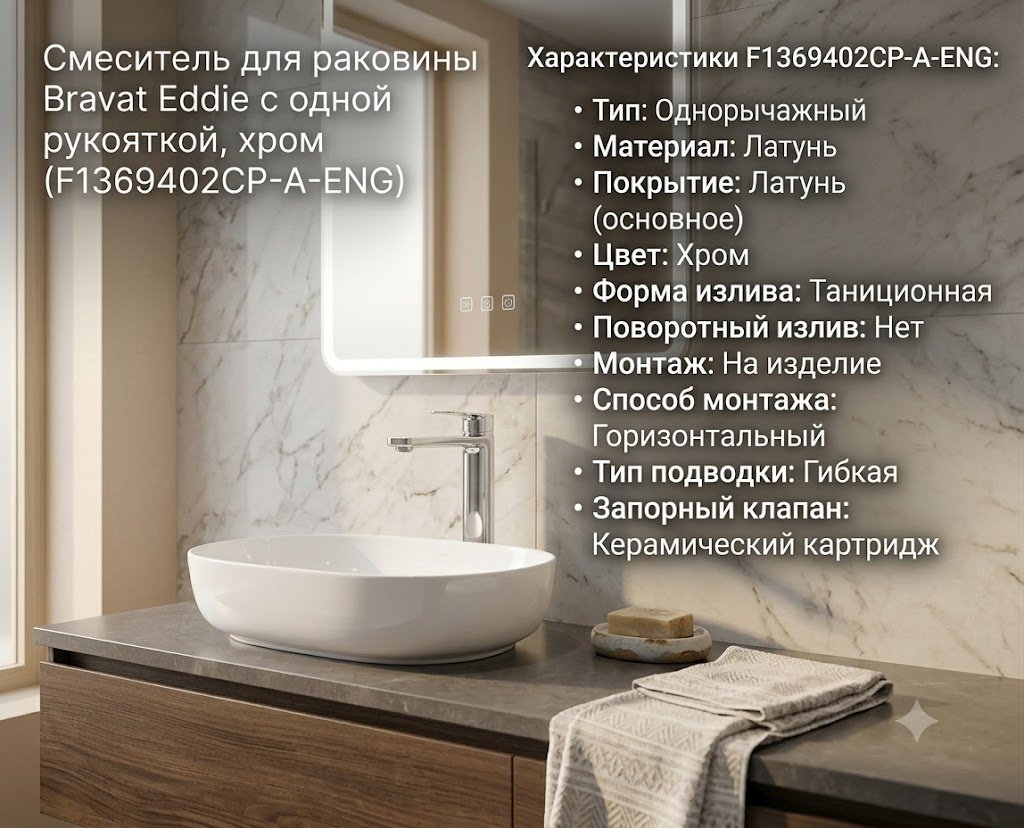 Смеситель BRAVAT F1369402CP-A-ENG, латунь, цвет хром купить,107170