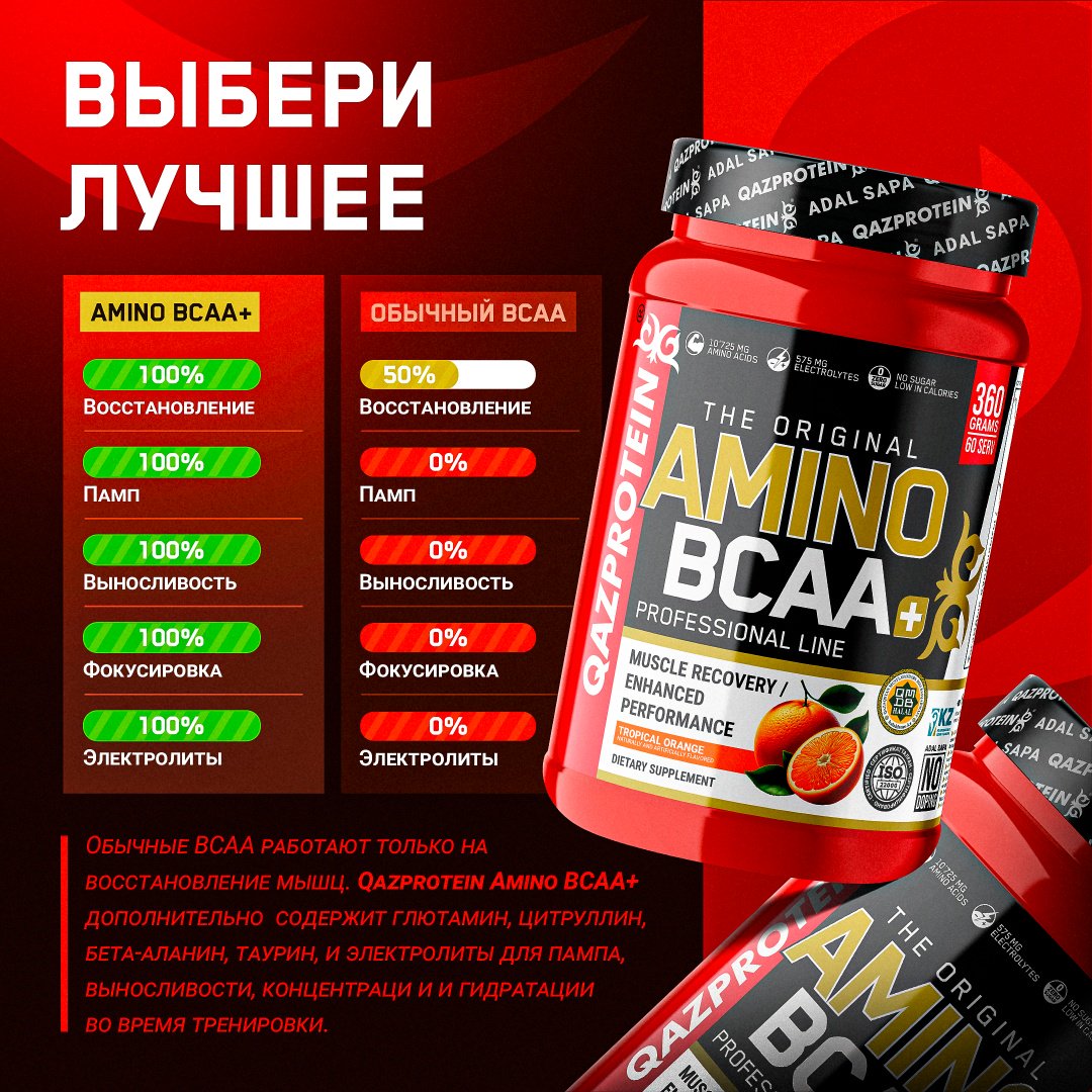 Аминокислотный комплекс Qazprotein Amino BCAA+ апельсин 360 г купить,7940