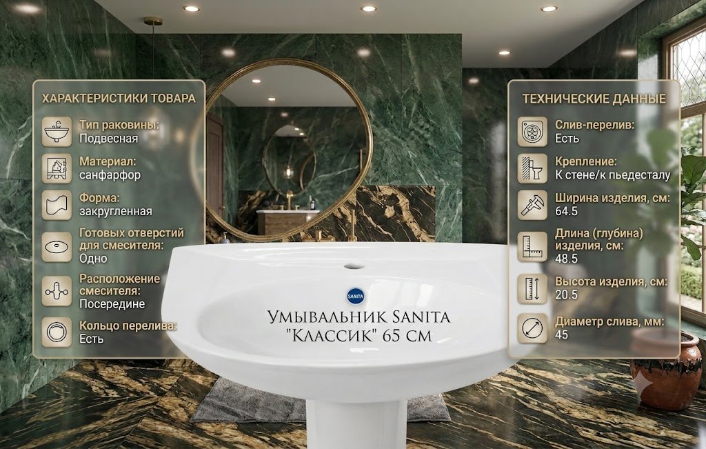 Раковина Sanita Классик подвесная полукруглая 64.5х48.5 см, фарфор купить,24700