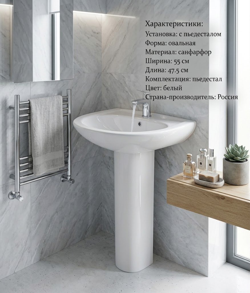 Раковина Sanita WB.PD/Attica/55-C/WHT.G/S с пьедесталом овальная 55х47.5 см, фарфор купить,34990