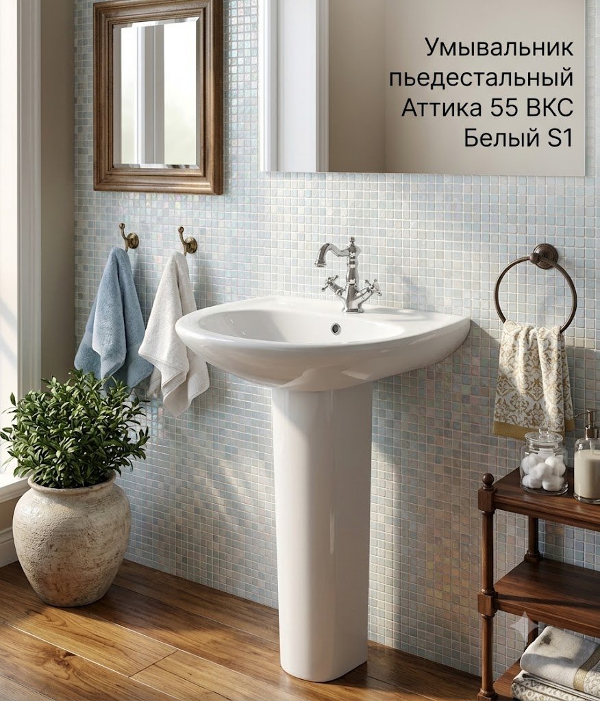 Раковина WB.PD/Attica/55-C/WHT.G/S с пьедесталом овальная 55х47.5 см, фарфор купить,30410