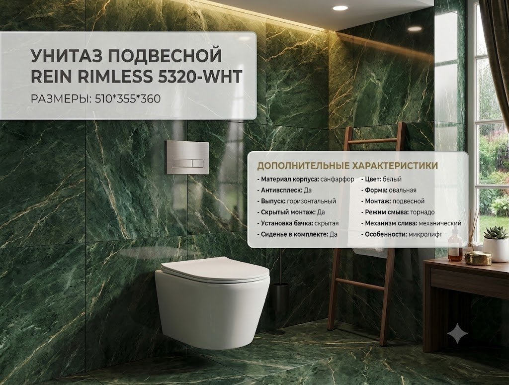 Унитаз REIN LUX RIMLESS 5320-WHT , санфарфор