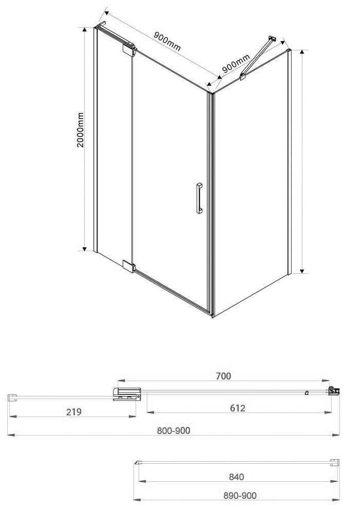 Душевое ограждение KABINKA.KZ двухстенное VSR-1E809090CLGM, 900х2000 мм