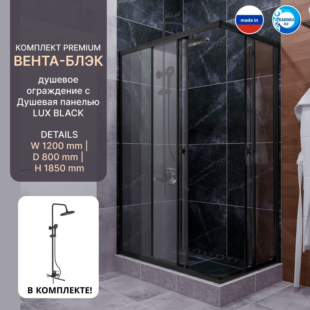 Душевое ограждение KABINKA.KZ двухстенное LUX BLACK, 800х1850 мм