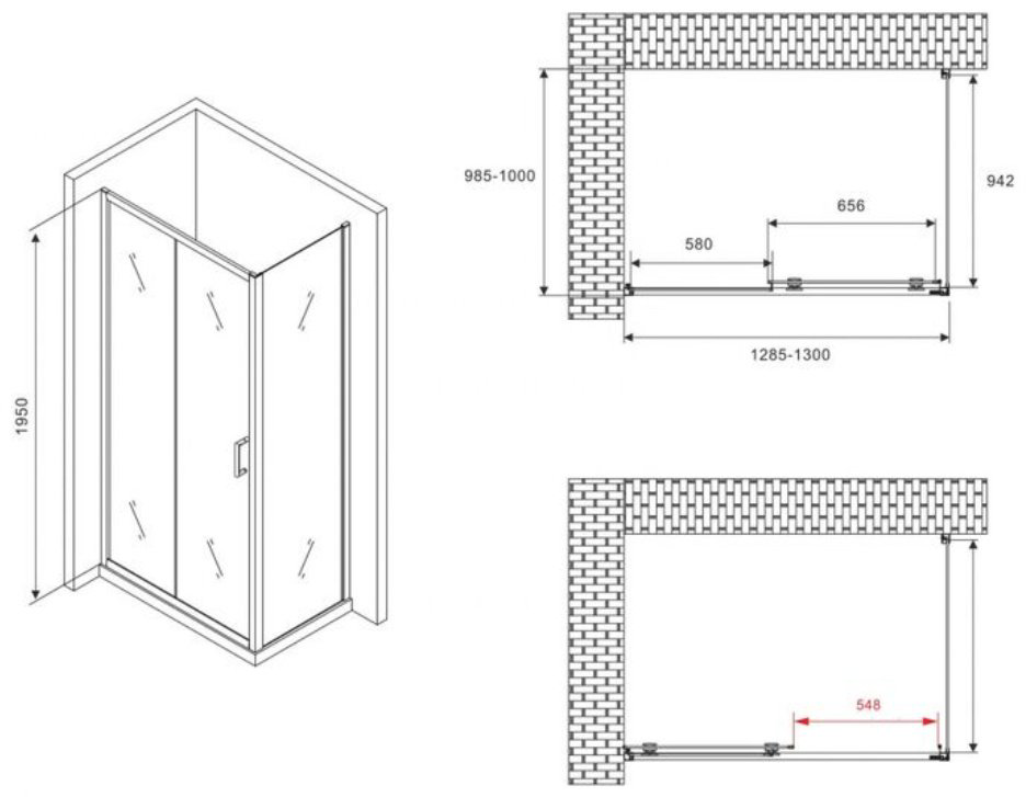 Душевое ограждение Abber двухстенное AG30130BMH-S100BM, 1000х1950 мм купить,NaN
