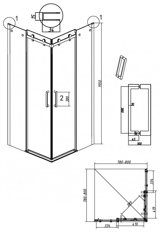 Душевое ограждение Grossman двухстенное 300.K33.04.8080.10.00 Classic, 800х1950 мм