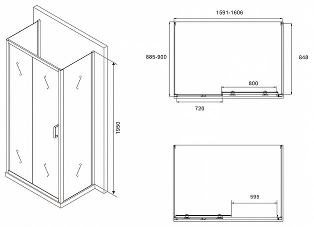 Душевое ограждение KABINKA.KZ двухстенное AG30160BH-S90B-S90B, 1600х1950 мм купить,NaN