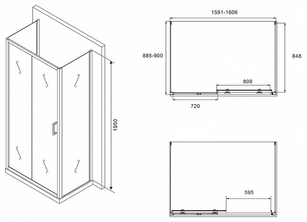 Душевое ограждение KABINKA.KZ двухстенное AG30160BH-S90B-S90B, 1600х1950 мм купить,NaN