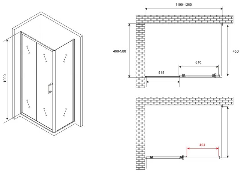 Душевое ограждение Abber двухстенное AG30120B5-S50B5, 500х1900 мм купить,NaN
