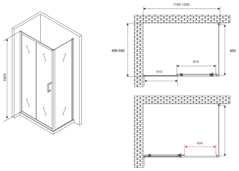 Душевое ограждение Abber двухстенное AG30120B5-S50B5, 500х1900 мм купить,NaN