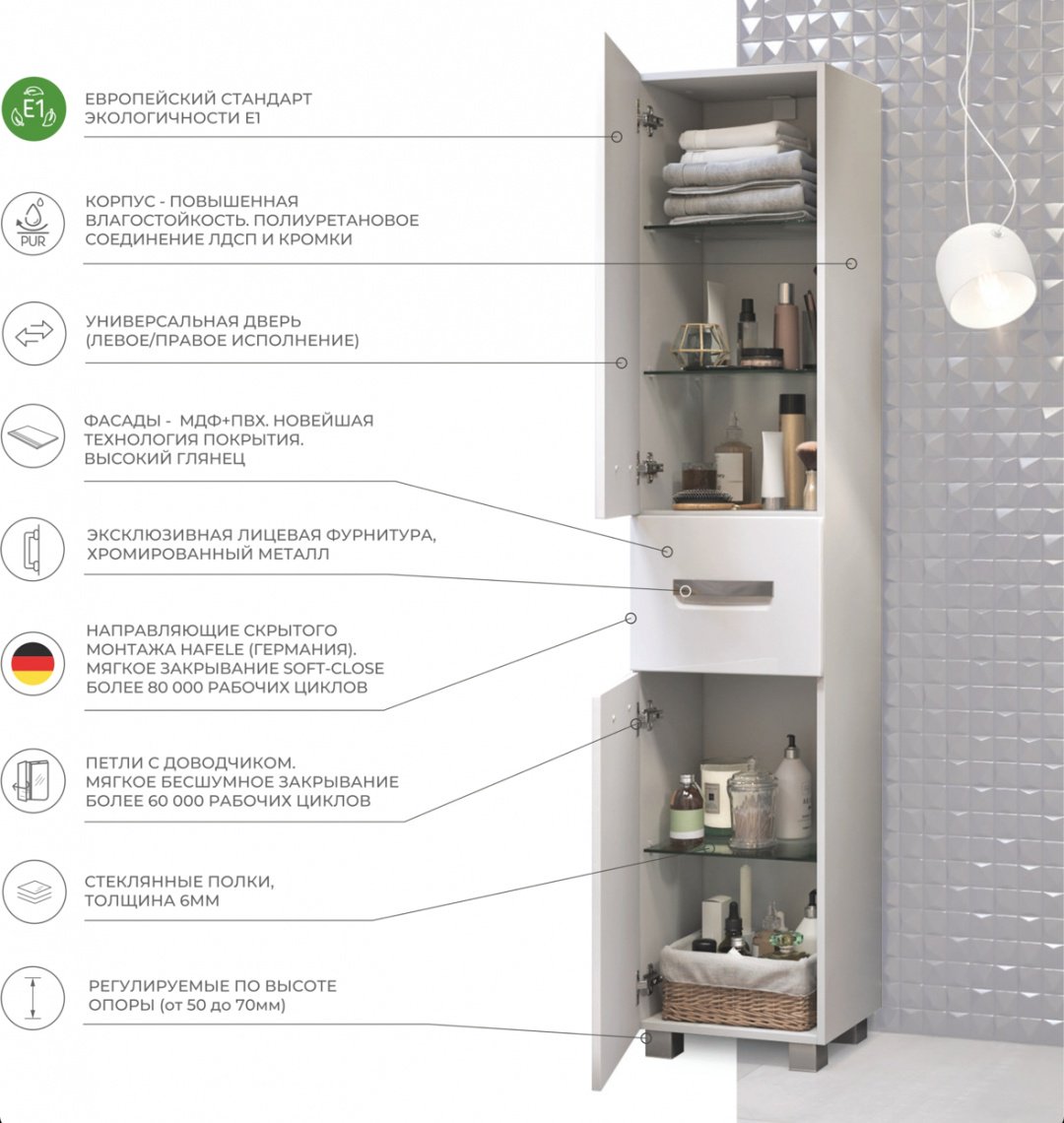 Шкаф-пенал напольный KABINKA.KZ Plaza 400, 40x29x188 см, белый