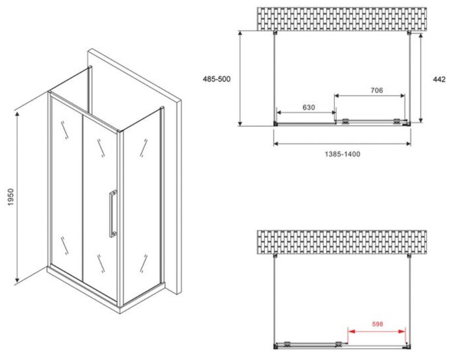 Душевое ограждение Abber трехстенное AG30140MH-S50M-S50M, 1400х1950 мм купить,NaN