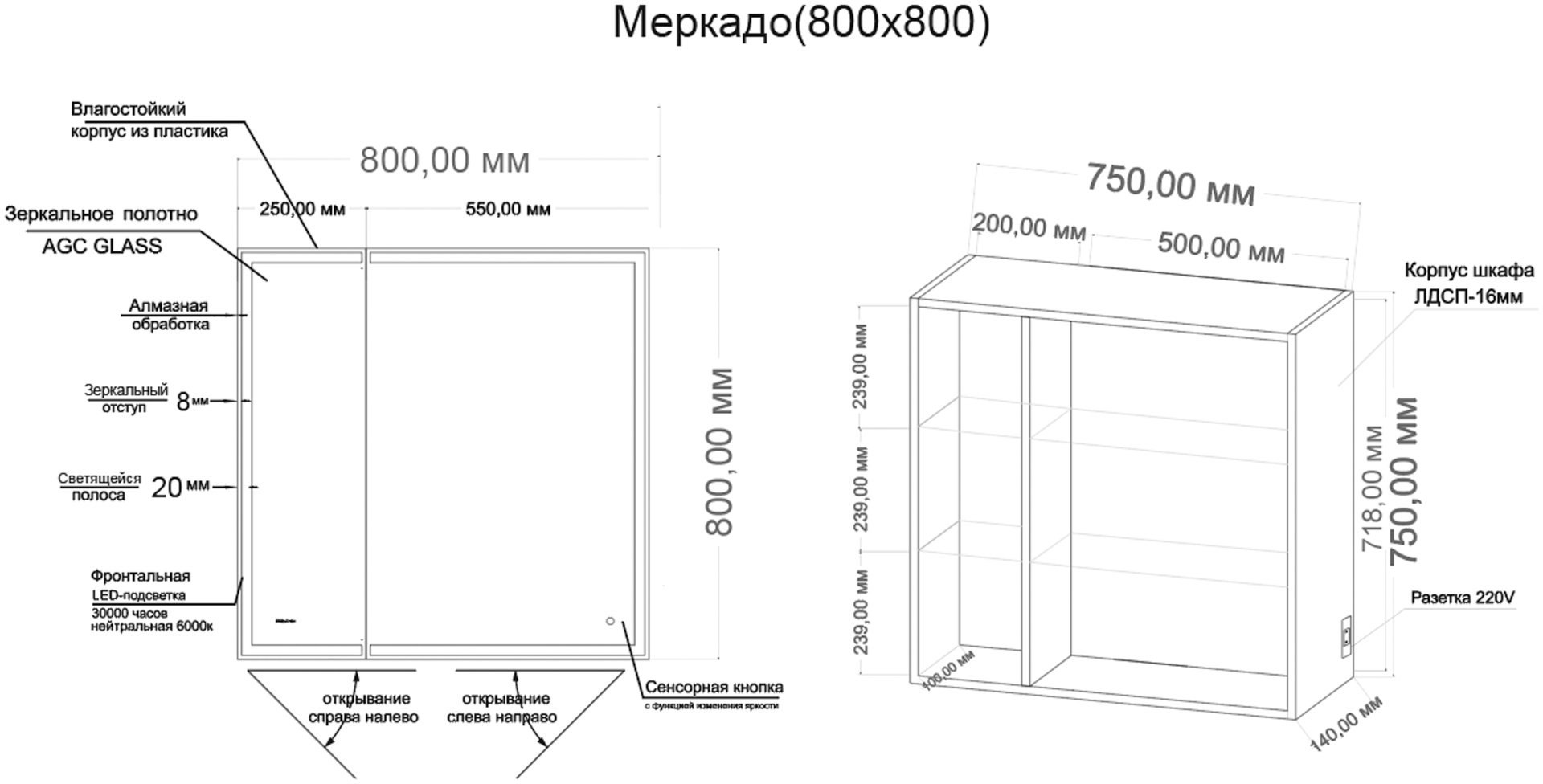 Шкаф зеркальный навесной Grossman 208010, 80x14x80 см, белый