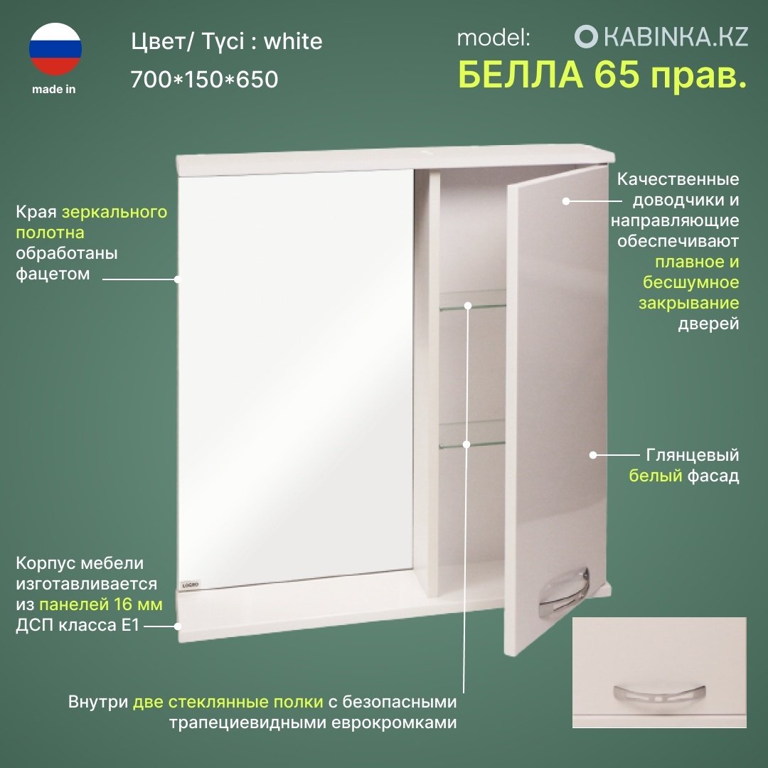 Шкаф навесной KABINKA.KZ Белла 65, 65x15x75 см, белый купить,NaN