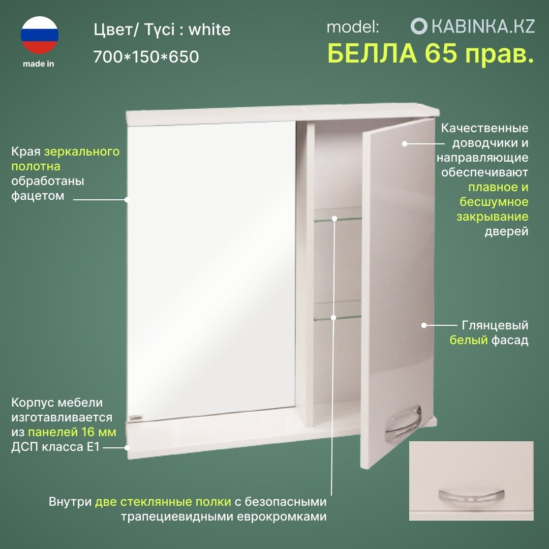 Шкаф навесной KABINKA.KZ Белла 65, 65x15x75 см, белый купить,NaN