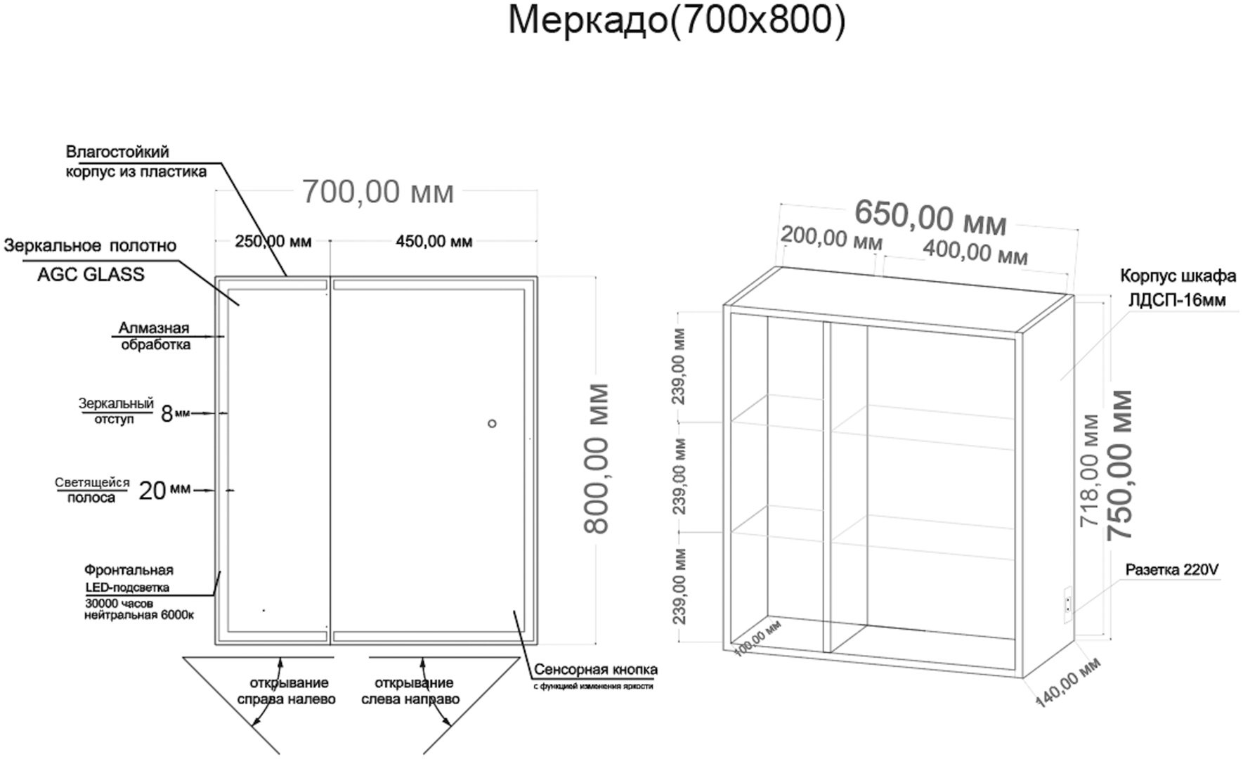 Шкаф зеркальный навесной Grossman Меркадо-70 70x14x80см белый