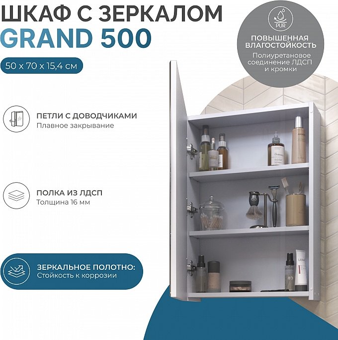 Шкаф зеркальный навесной Kabinka,kz Grand 500 50x14.4x70см белый купить,NaN