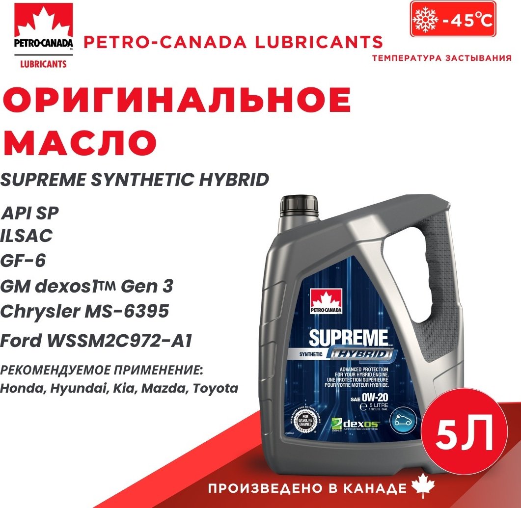 Моторное масло Синтетическое Petro-Canada SUPREME SYNTH HYBRID 0W-20 5 л купить,NaN