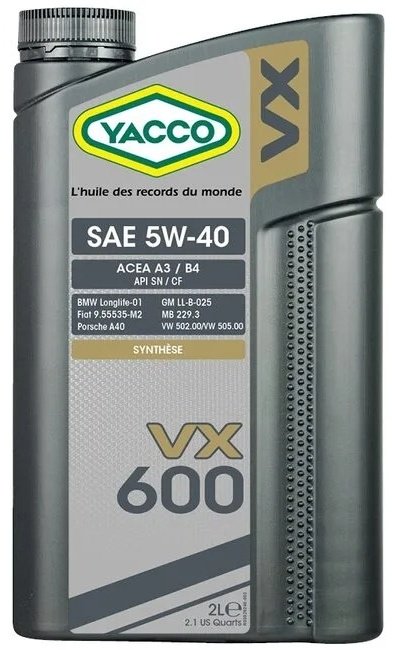 Моторное масло Синтетическое Yacco VX 600 5W-40 2 л купить,NaN