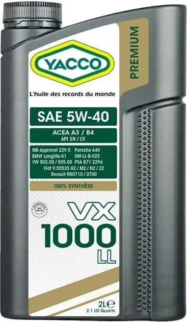 Моторное масло Синтетическое Yacco VX 1000 LL 5W-40 2 л купить,NaN