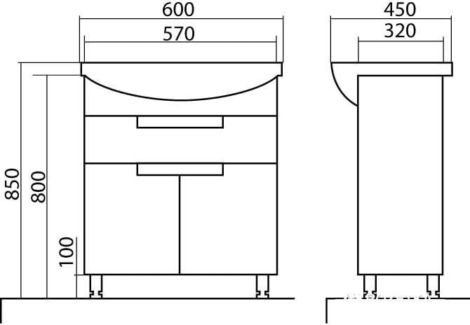 Тумба с раковиной Аква Родос КВАДРО 60, 60x85x45 см, белый