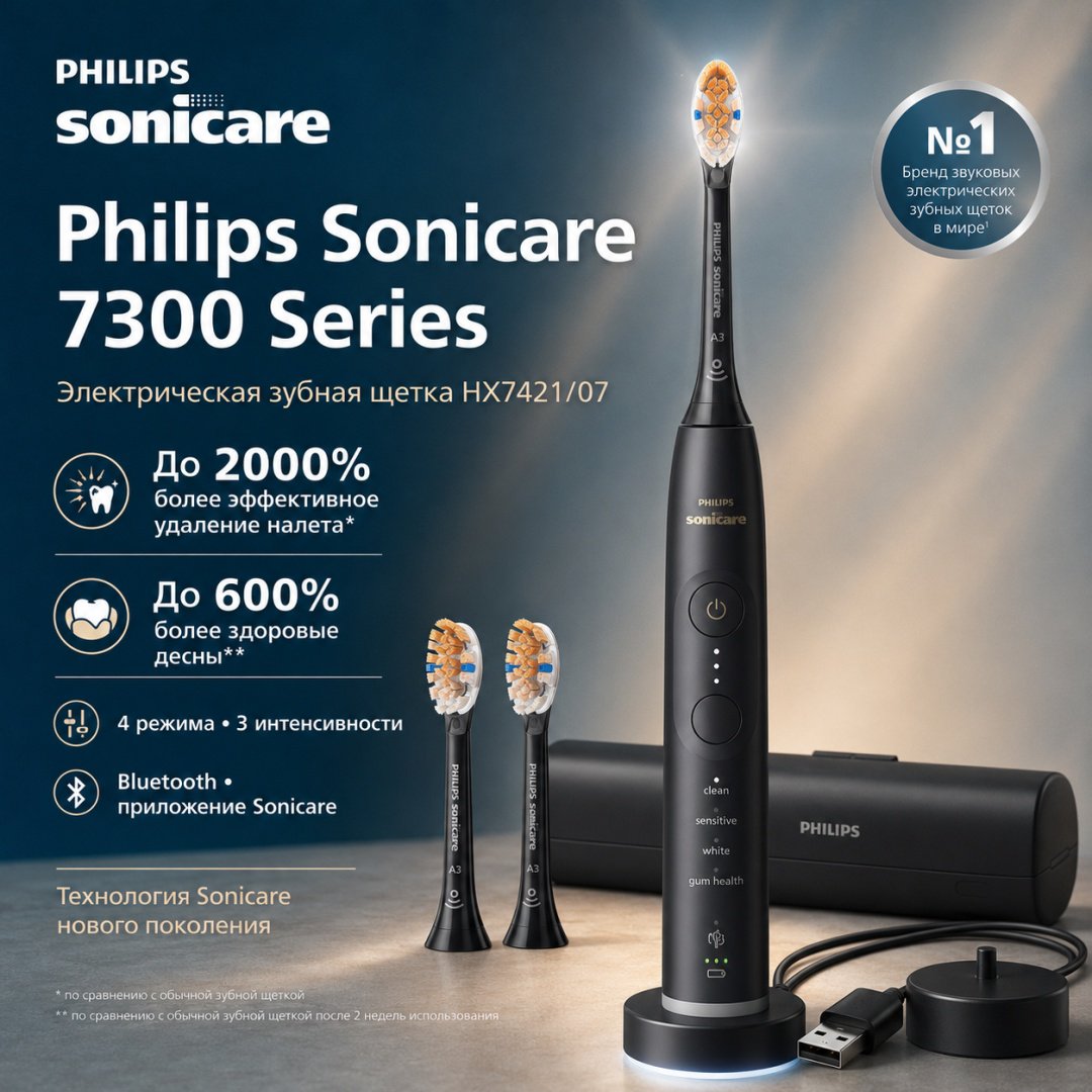 Philips звуковая щетка 7300 Series HX7421/07 щетина средняя черный