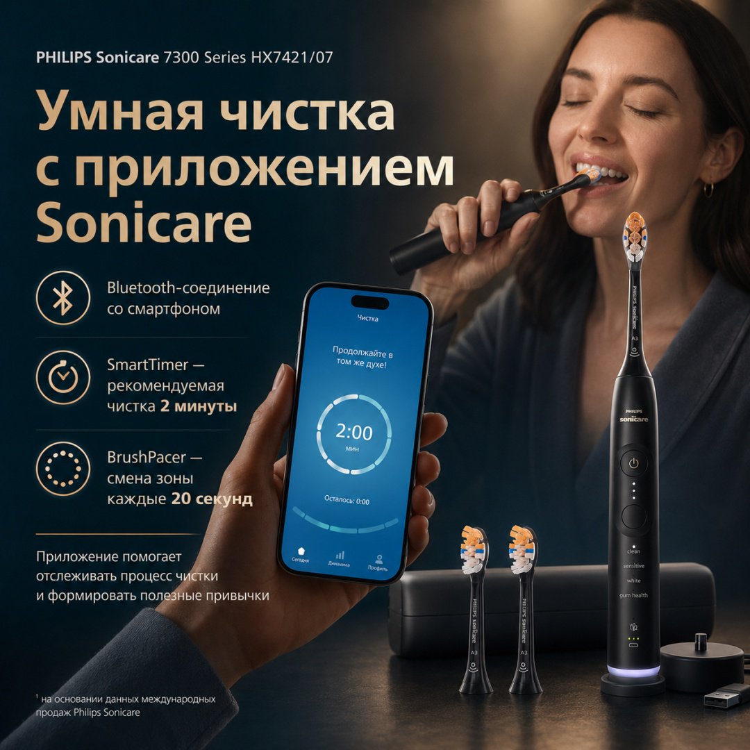 Philips звуковая щетка 7300 Series HX7421/07 щетина средняя черный