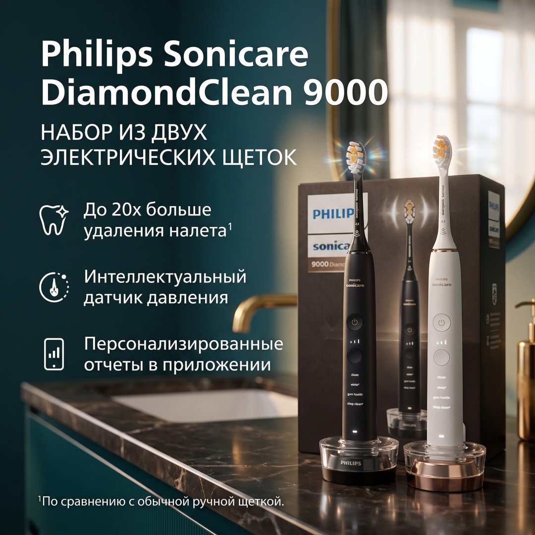 Philips звуковая щетка DiamondClean 9000 HX9912/71 щетина средняя белый, черный купить,NaN