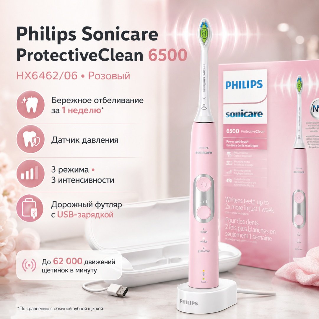 Philips звуковая щетка ProtectiveClean 6500 HX6462/06 щетина средняя розовый купить,NaN