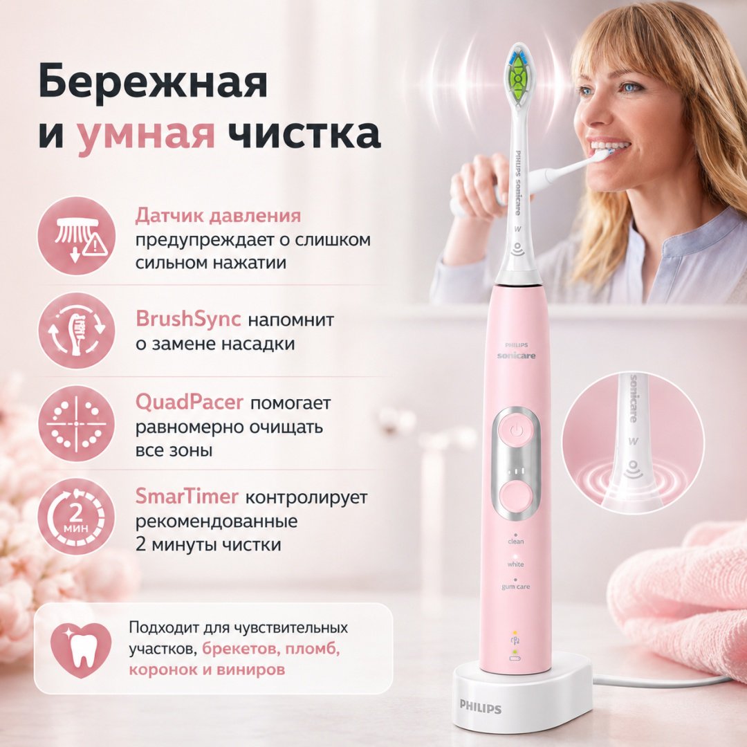 Philips звуковая щетка ProtectiveClean 6500 HX6462/06 щетина средняя розовый купить,NaN