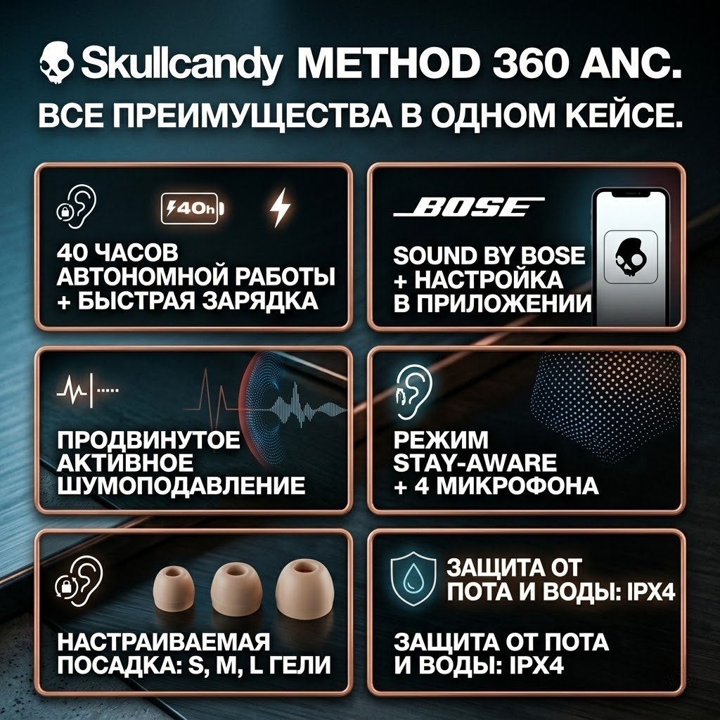 Наушники Skullcandy Method 360 ANC By Bose темно-серый купить,77428