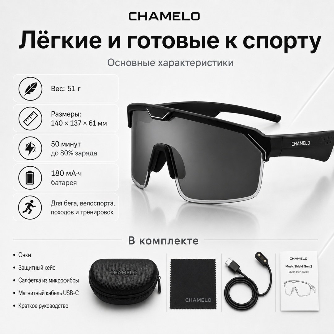 Смарт-очки Chamelo Music Shield Gen 2 черный купить,NaN