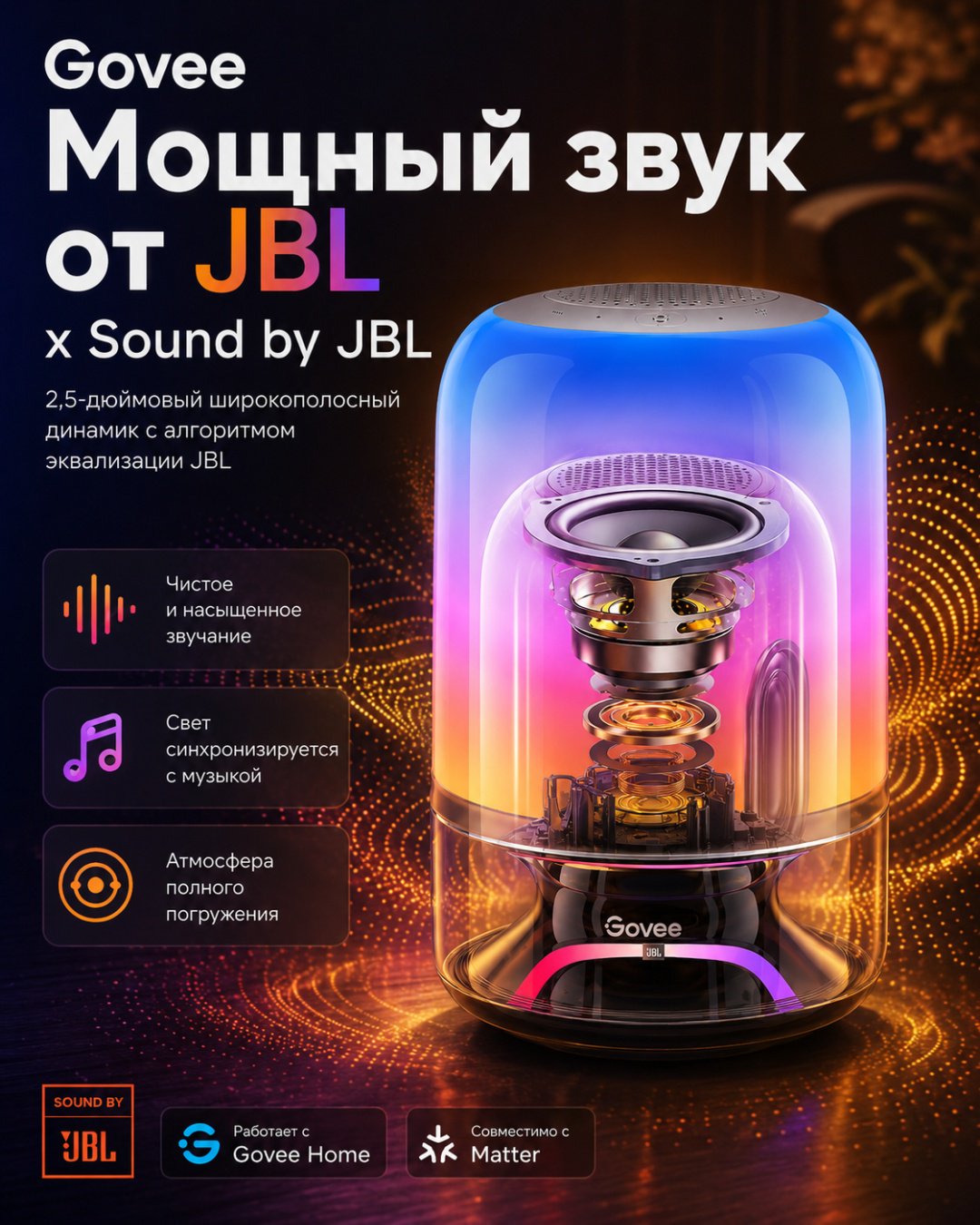 Govee декоративный светильник настольный Table Lamp 2 Pro x Sound by JBL, теплый белый, холодный белый, разноцветный