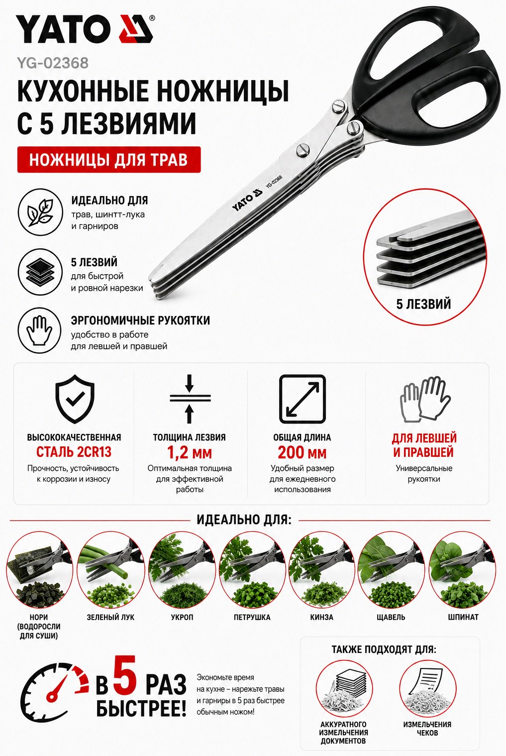 Ножницы 5 лезвий YATO YG-02368 универсальные купить,NaN