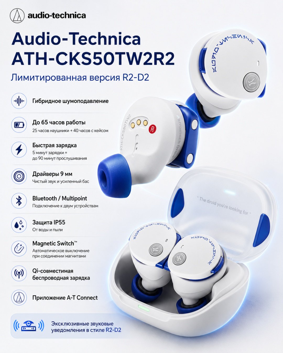 Наушники Audio-Technica ATH-CKS50TW2R2 Limited-Edition Star Wars R2-D2 белый купить,NaN