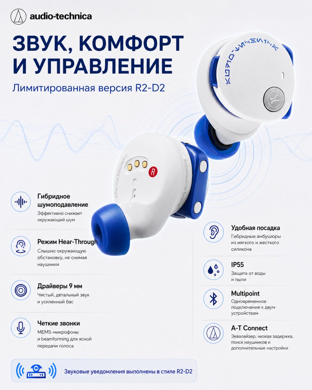 Наушники Audio-Technica ATH-CKS50TW2R2 Limited-Edition Star Wars R2-D2 белый купить,NaN