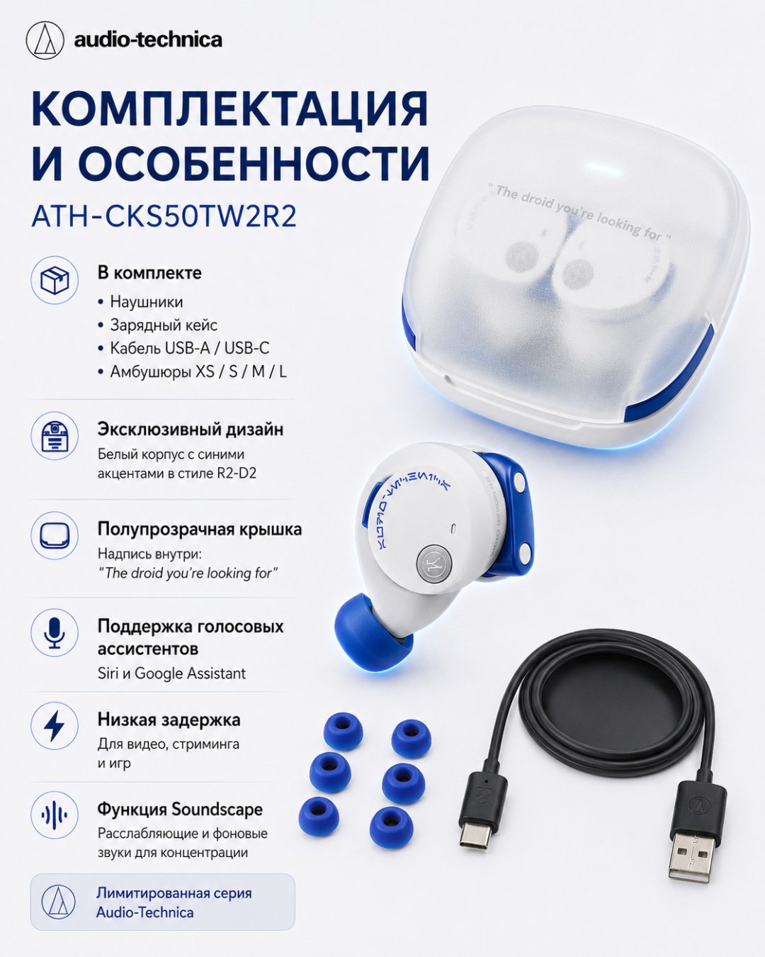 Наушники Audio-Technica ATH-CKS50TW2R2 Limited-Edition Star Wars R2-D2 белый купить,NaN