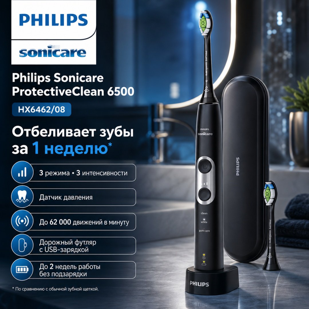 Philips звуковая щетка ProtectiveClean 6500 HX6462/08 щетина средняя черный купить,NaN