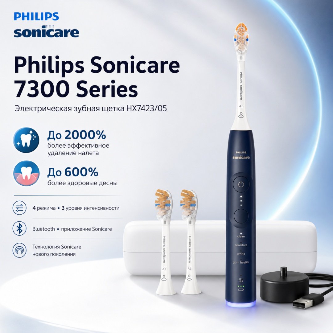 Philips звуковая щетка 7300 Series HX7423/05 щетина средняя синий купить,137997