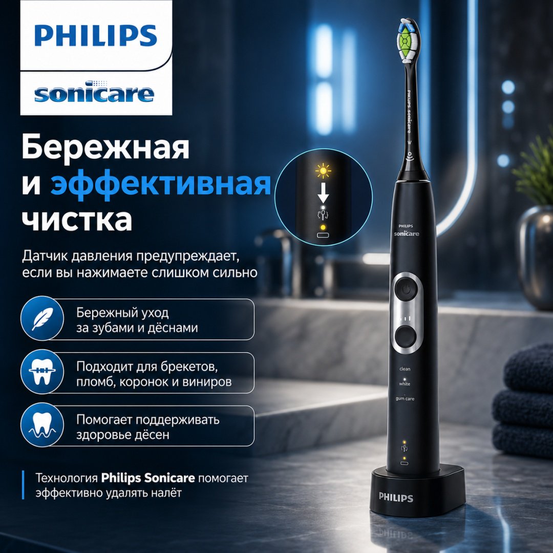 Philips звуковая щетка ProtectiveClean 6500 HX6462/08 щетина средняя черный купить,NaN