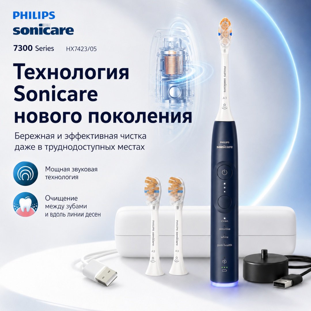 Philips звуковая щетка 7300 Series HX7423/05 щетина средняя синий купить,137997