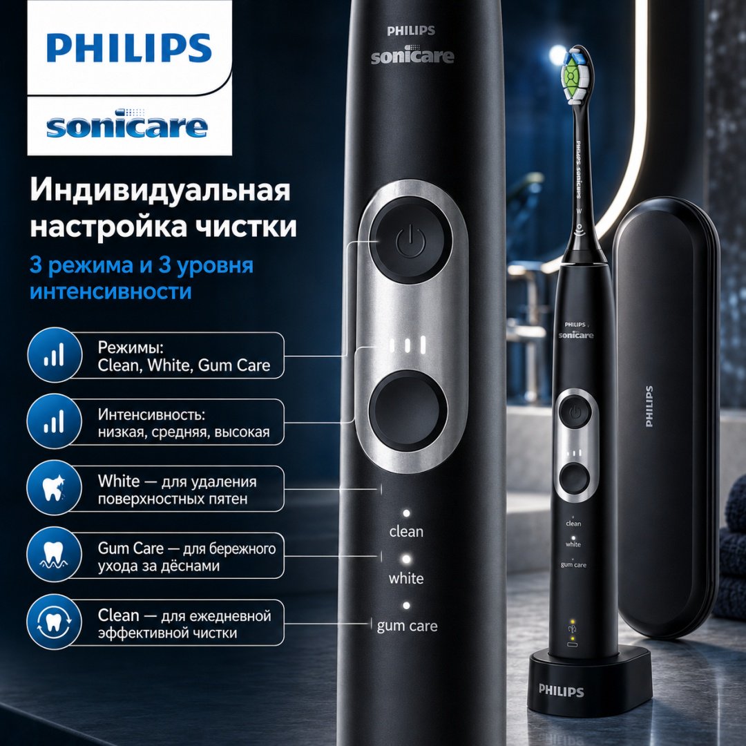 Philips звуковая щетка ProtectiveClean 6500 HX6462/08 щетина средняя черный купить,NaN