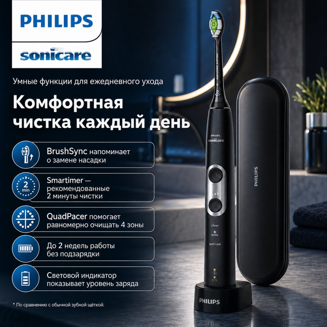 Philips звуковая щетка ProtectiveClean 6500 HX6462/08 щетина средняя черный купить,NaN