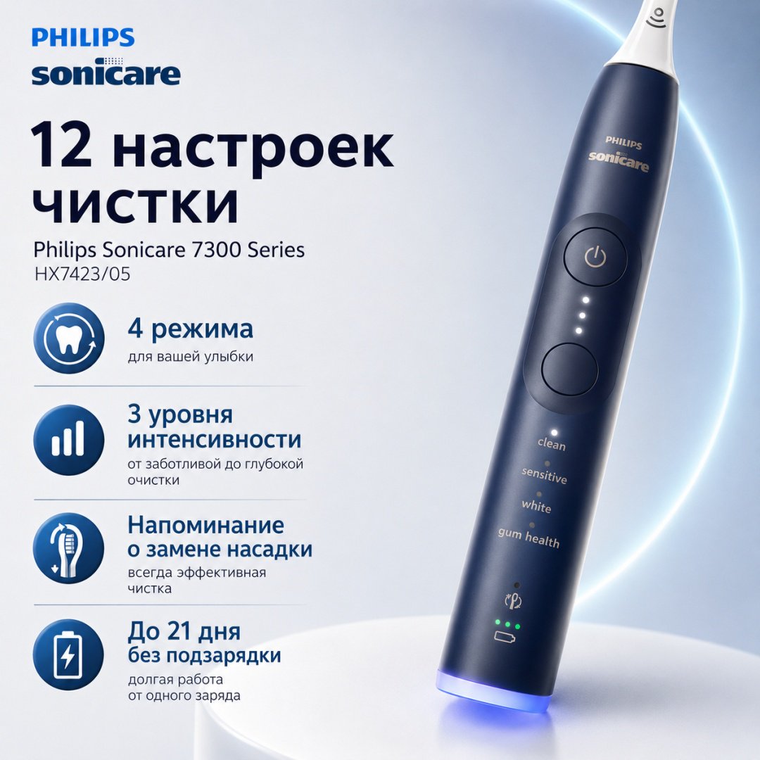 Philips звуковая щетка 7300 Series HX7423/05 щетина средняя синий купить,137997