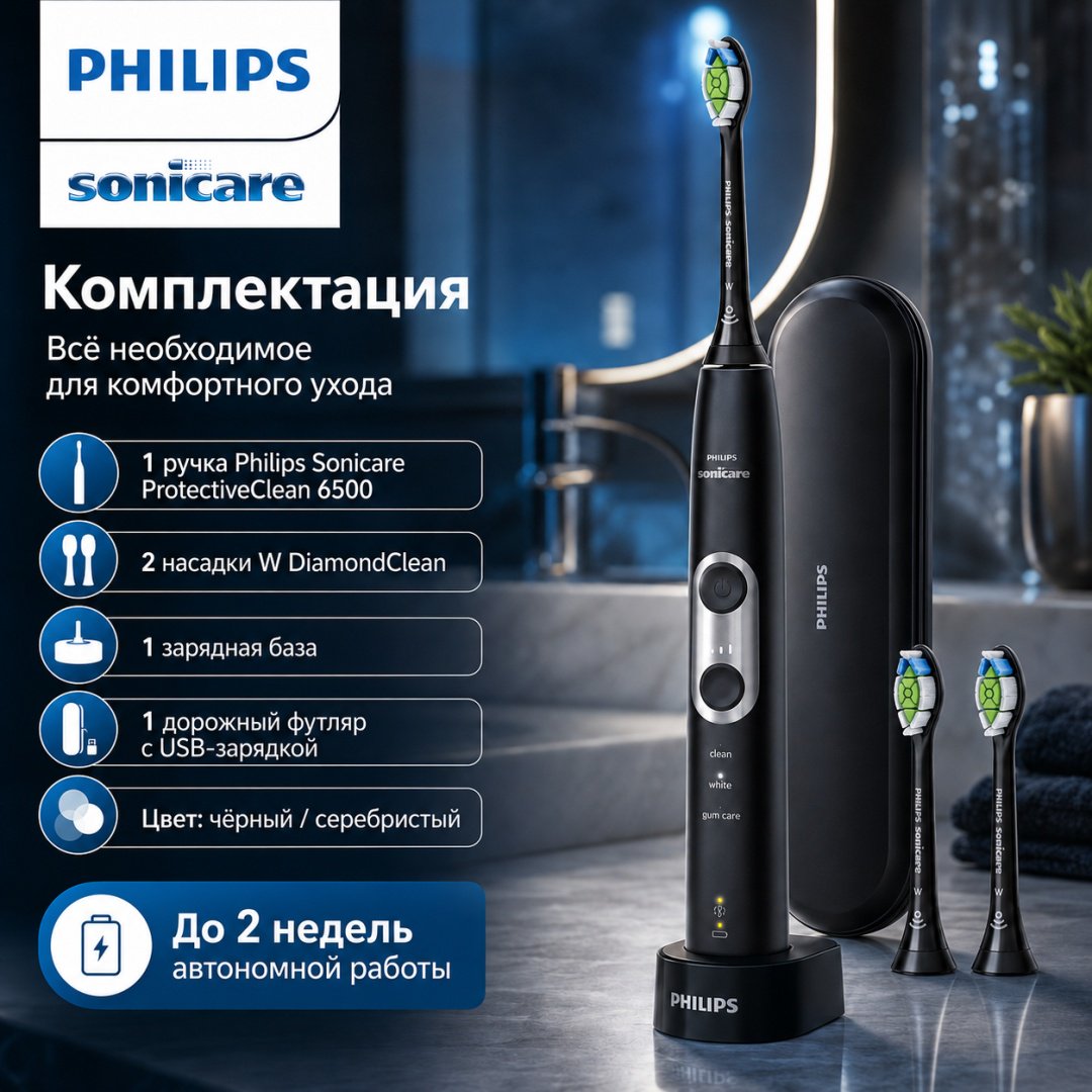 Philips звуковая щетка ProtectiveClean 6500 HX6462/08 щетина средняя черный купить,NaN