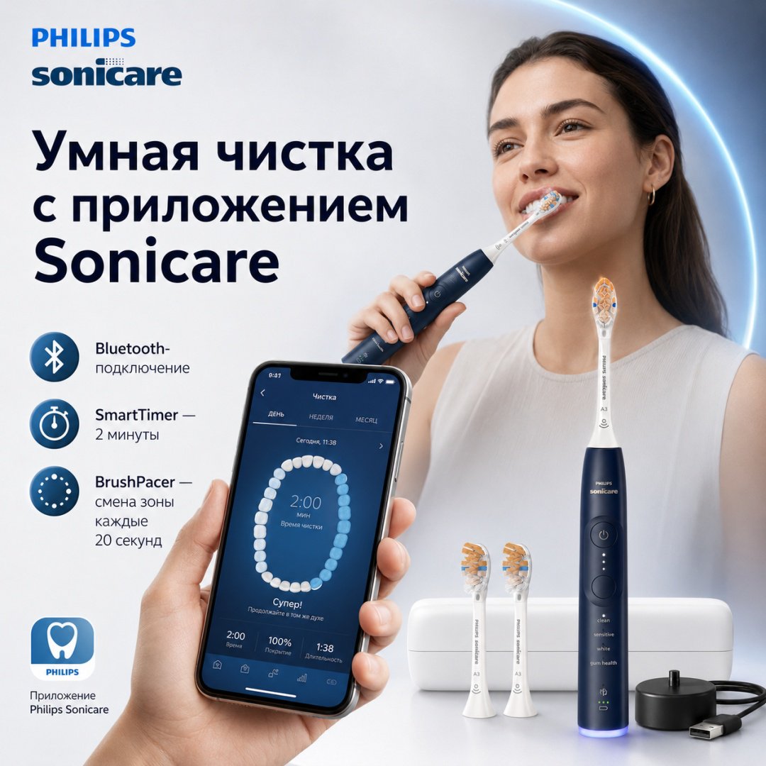 Philips звуковая щетка 7300 Series HX7423/05 щетина средняя синий купить,137997