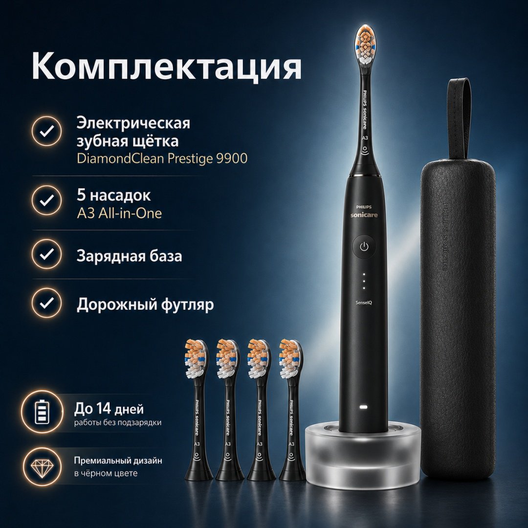 Philips звуковая щетка DiamondClean Prestige 9900 BD7001AZ щетина средняя черный
